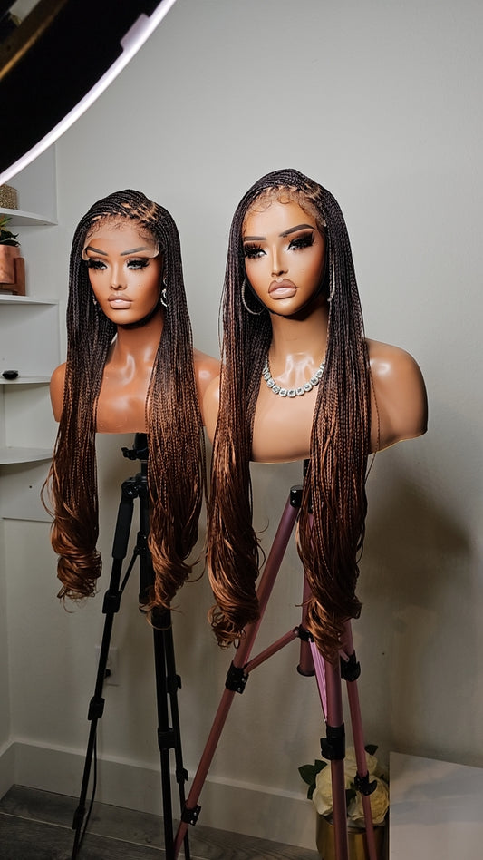 C- part Ombre Knotless Braided Wig With 6x6 Lace Closure And Curly Tip