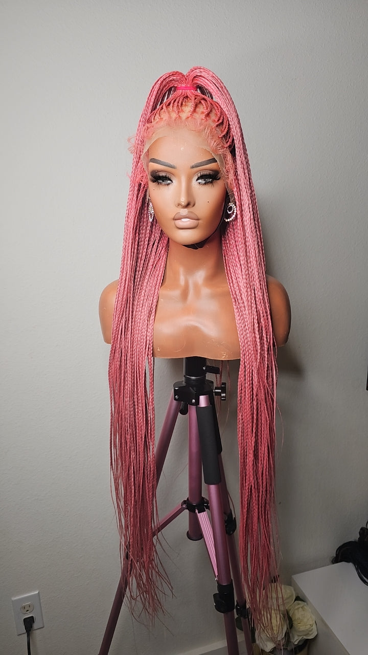 Pink Color  Knotless Box Braided  Lace Wig