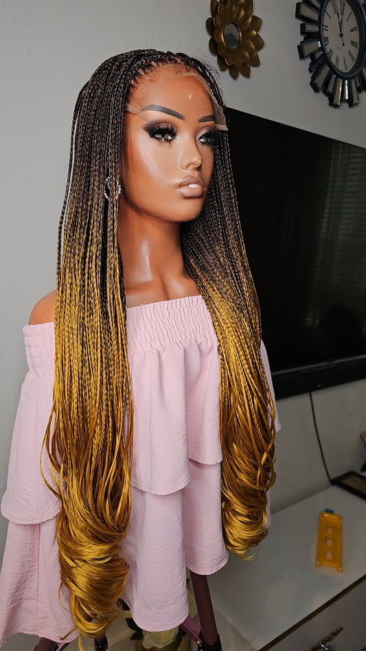 7×7 Golden Yellow Ombre Knotless Braided Wig With Lace Closure Curled Tip